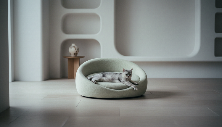 A silver cat lounging in a sculpted bed
