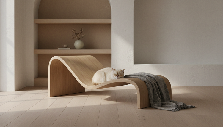 A cat asleep on a sculpted wooden lounger