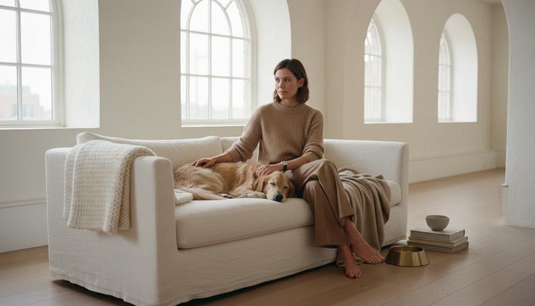 A dog dozing on a linen sofa
