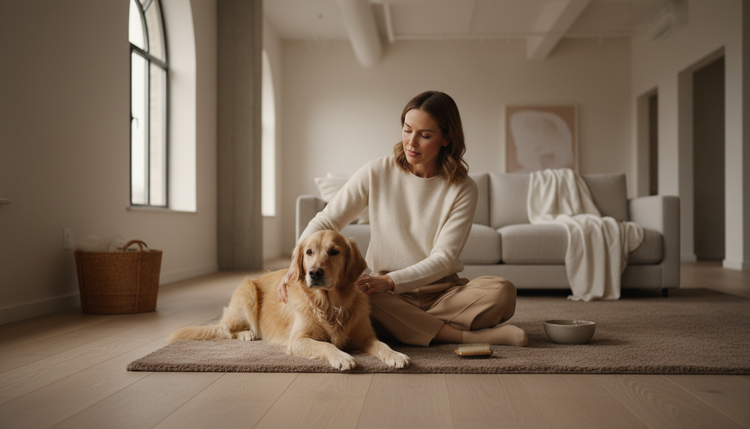 A golden retriever relaxing with its owner