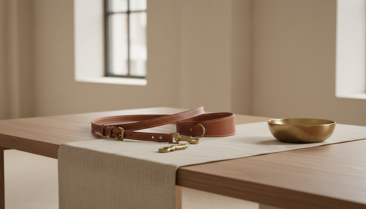 A leather leash and a brass bowl on a linen table runner